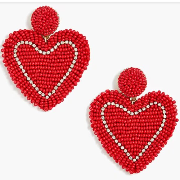 J Crew Women's Beaded Heart Statement Earrings Red Hypoallergenic - Picture 1 of 4